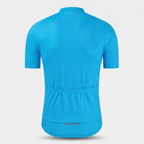 Cycling jersey back view showing the three open rear pockets and reflective hem tab