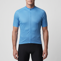 Man wearing the Sky Blue cycling jersey, front view, full-length zip closed