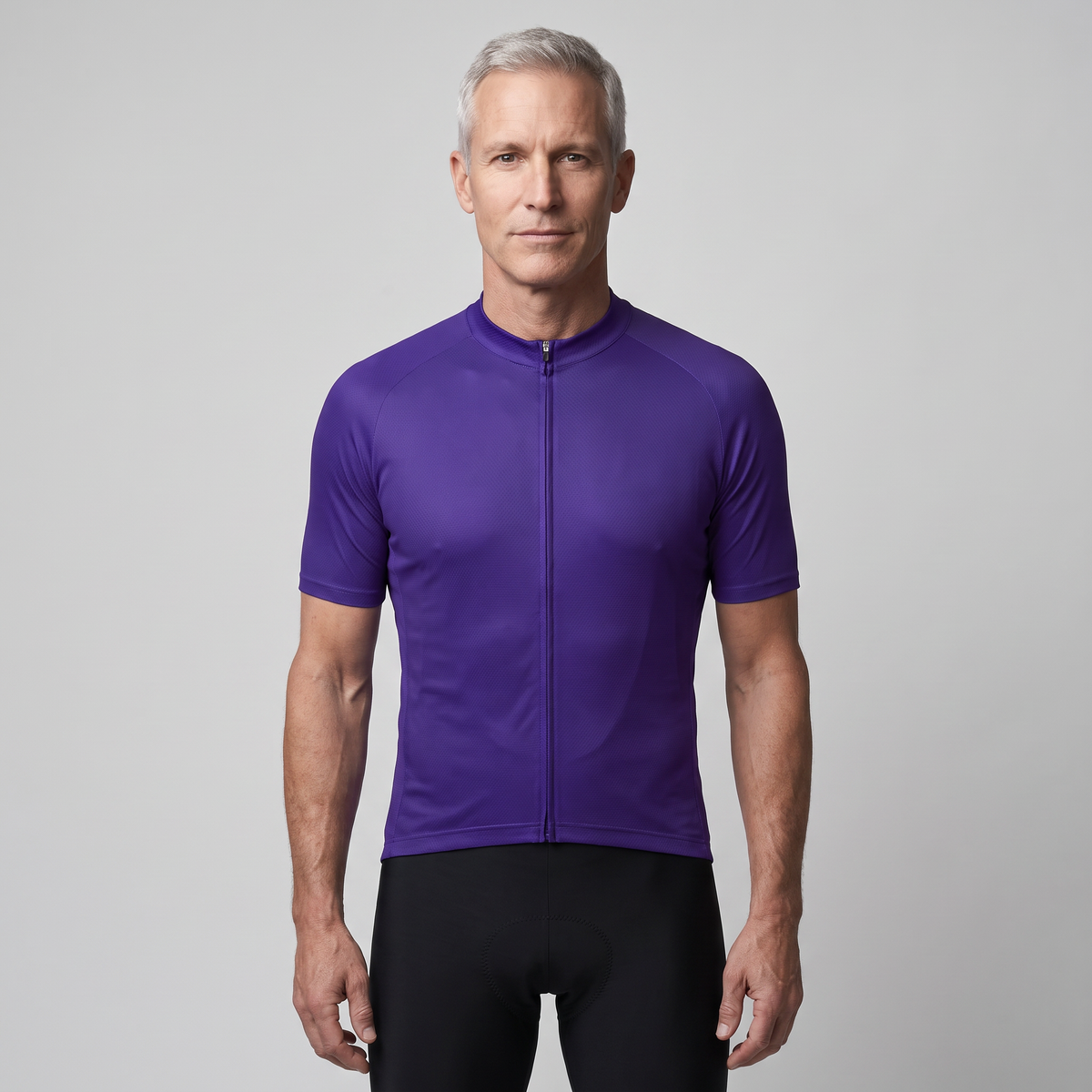 Man wearing the Purple cycling jersey, front view