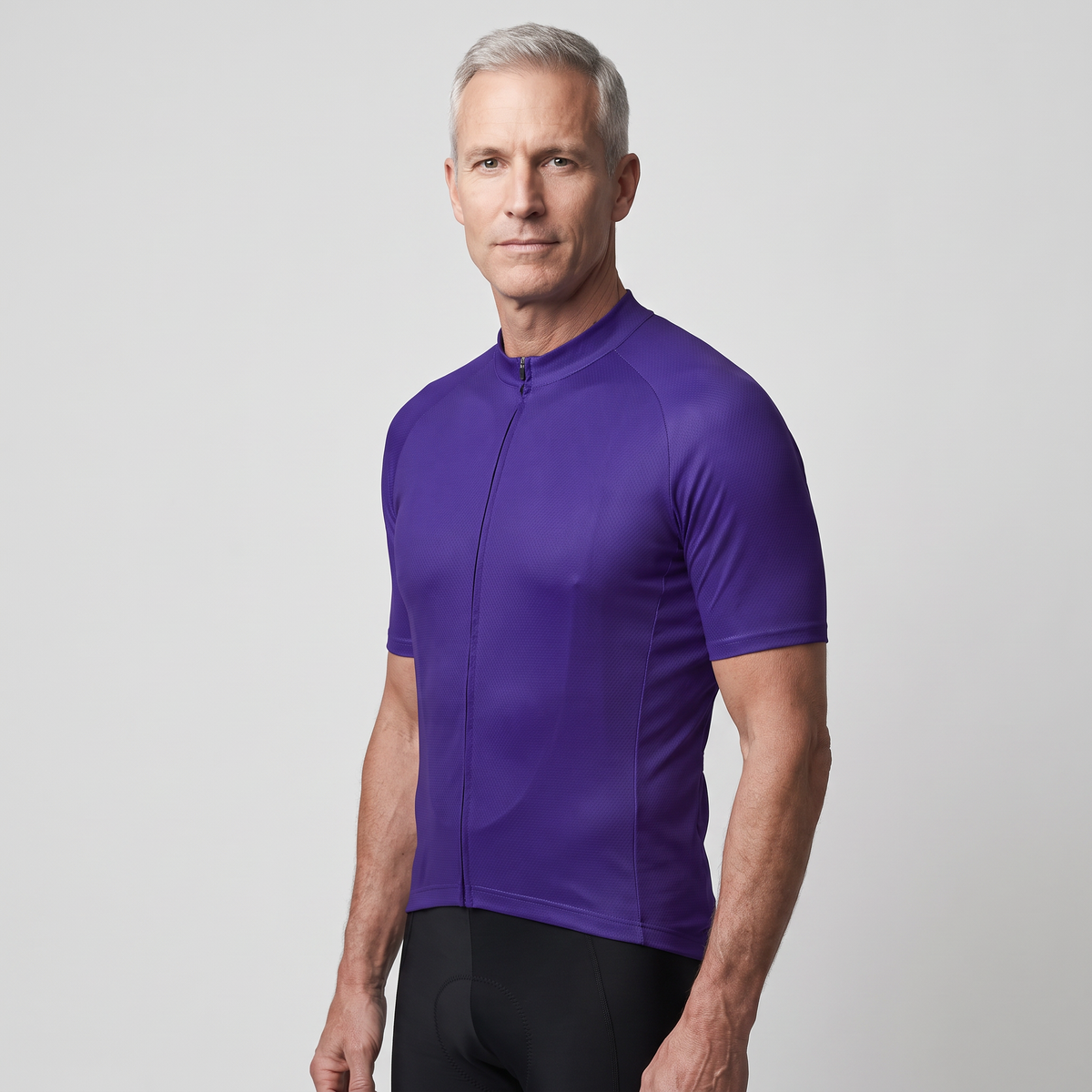 Man wearing the Purple cycling jersey, three-quarter side view