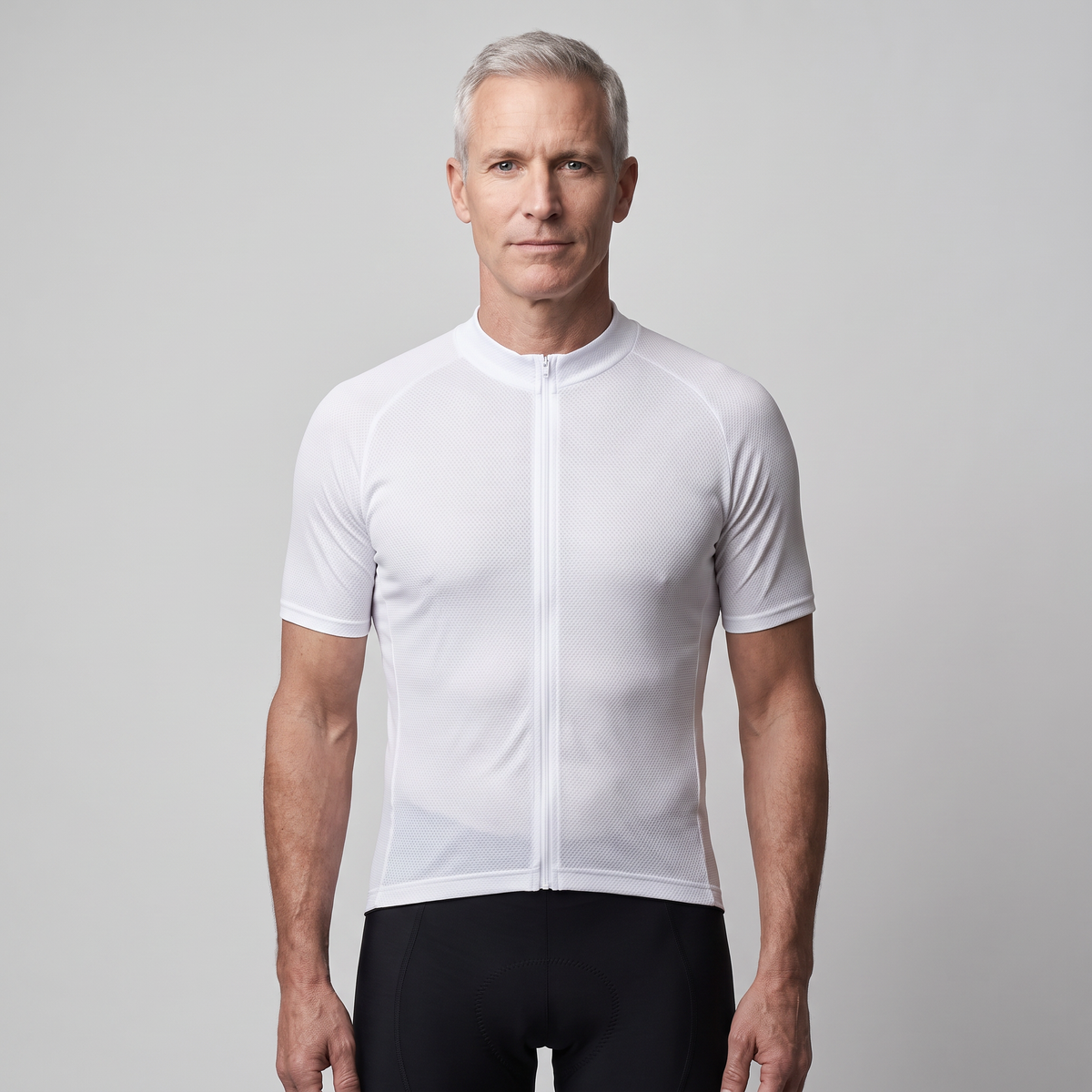 Man wearing the White cycling jersey, front view
