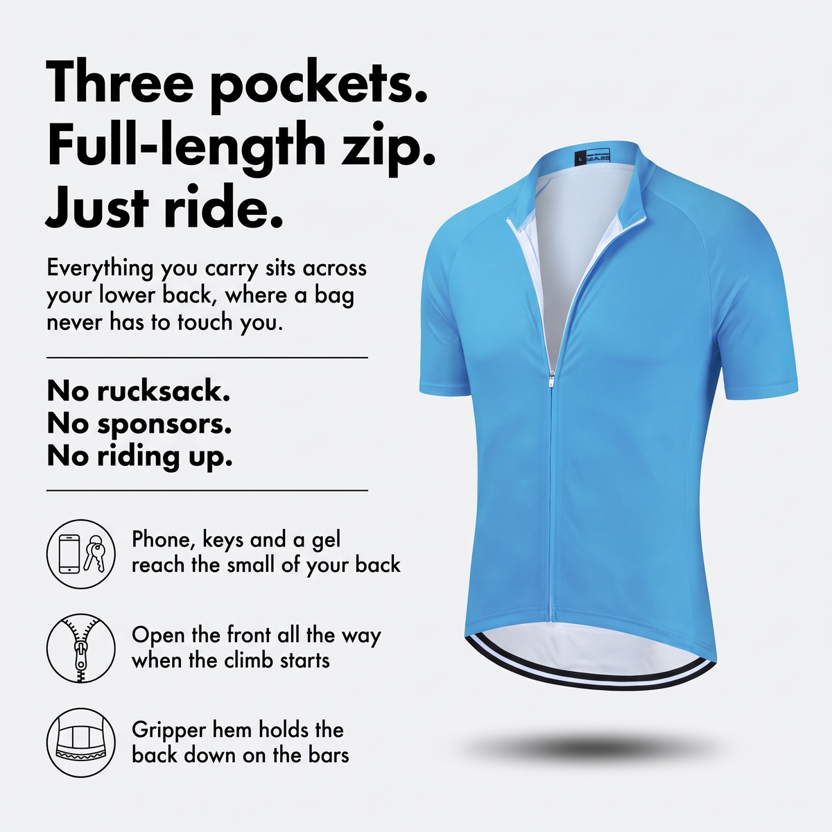 Three pockets, full length zip, just ride: feature infographic