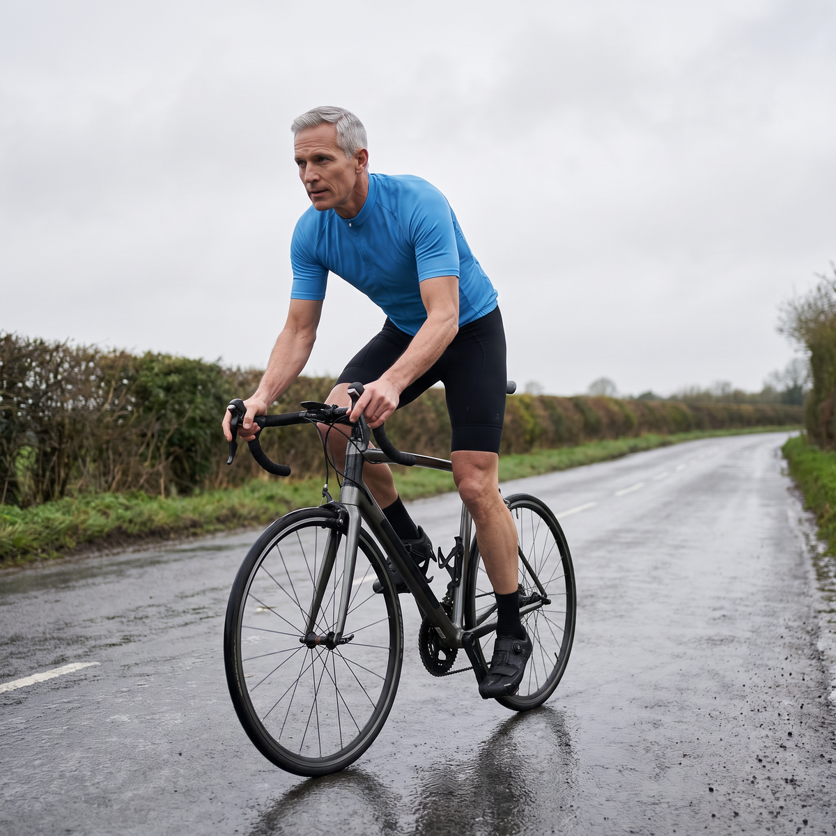 Rider on a quiet English country lane wearing the solid colour cycling jersey