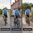 Three riding contexts for the jersey: weekend miles, the commute, and rough lanes