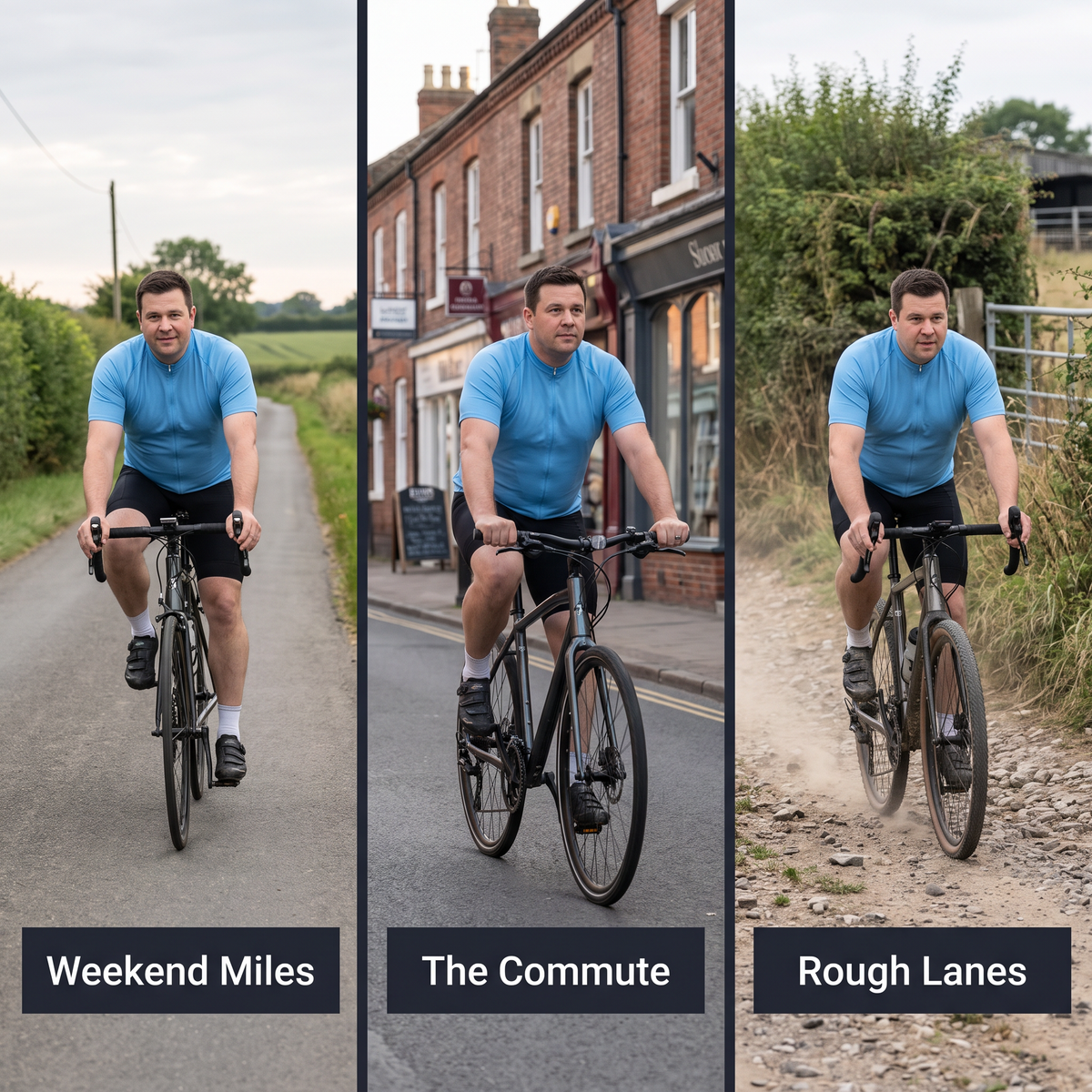 Three riding contexts for the jersey: weekend miles, the commute, and rough lanes