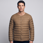 Terrabound Men's Down Jacket in Khaki, convertible collar closed, worn front view