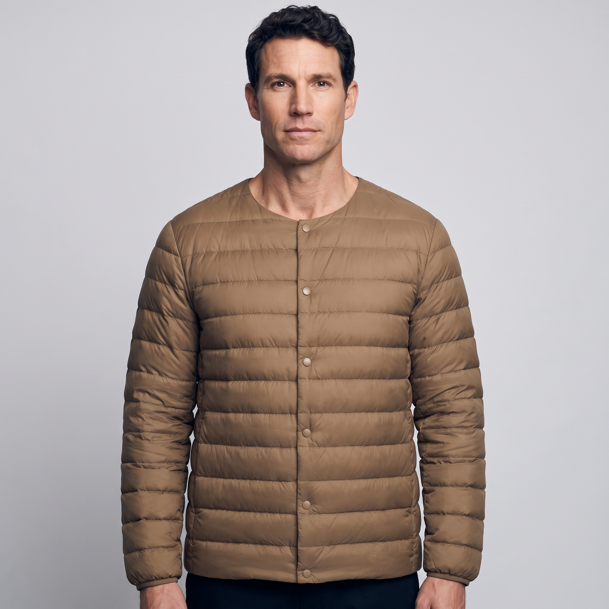 Terrabound Men's Down Jacket in Khaki, convertible collar closed, worn front view
