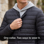 Hand unzipping the collar from closed round neck to open V-neck: one collar, two ways to wear it