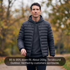 Terrabound Men's Down Jacket worn open over a hoodie, down fill and weight overlay