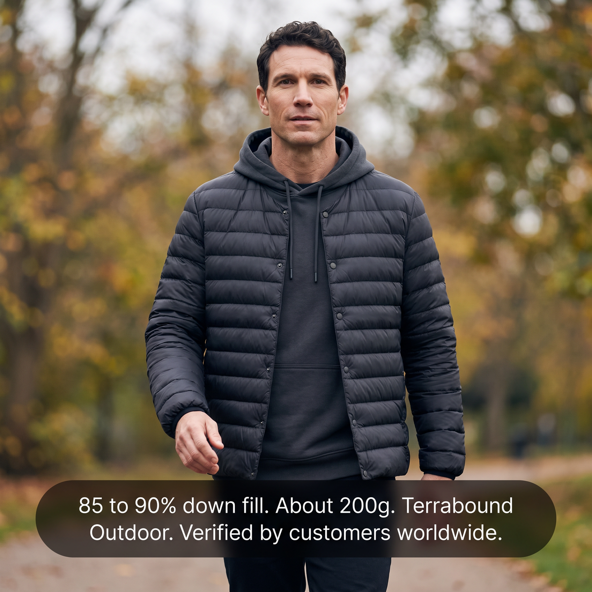 Terrabound Men's Down Jacket worn open over a hoodie, down fill and weight overlay