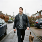 Man wearing the Terrabound Men's Down Jacket open over a hoodie on a dog walk, collar in the V-neck setting