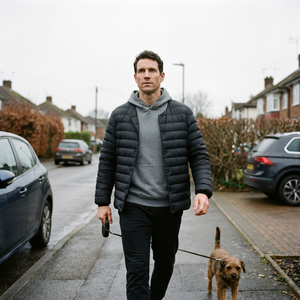 Man wearing the Terrabound Men's Down Jacket open over a hoodie on a dog walk, collar in the V-neck setting
