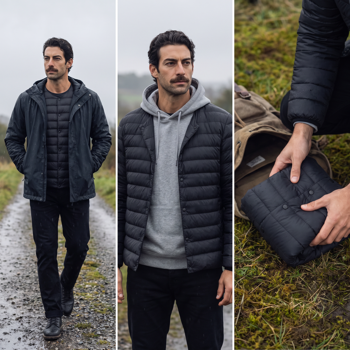 Three ways to wear the Terrabound Men's Down Jacket: under a waterproof, under a hoodie, folded into a rucksack