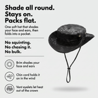 Terrabound men's boonie hat infographic: shade all round, stays on, packs flat