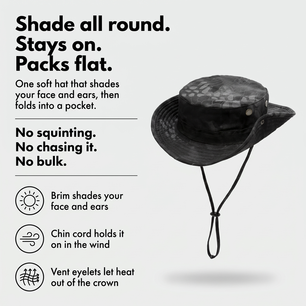 Terrabound men's boonie hat infographic: shade all round, stays on, packs flat