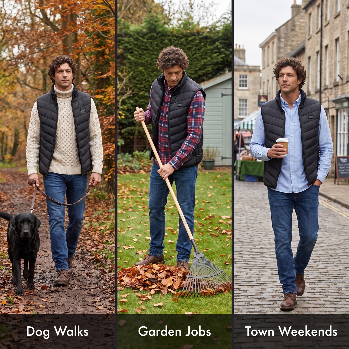 The Terrabound men's padded gilet worn for dog walks, garden jobs and town weekends