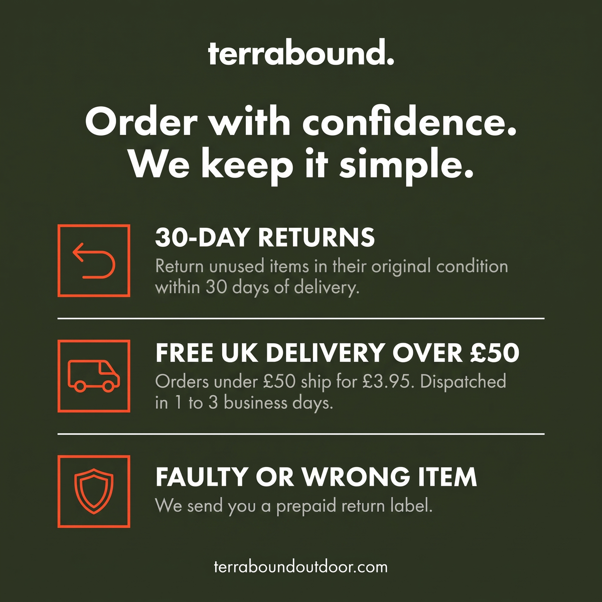 Terrabound 30-day returns, free UK delivery over £50 and faulty item terms