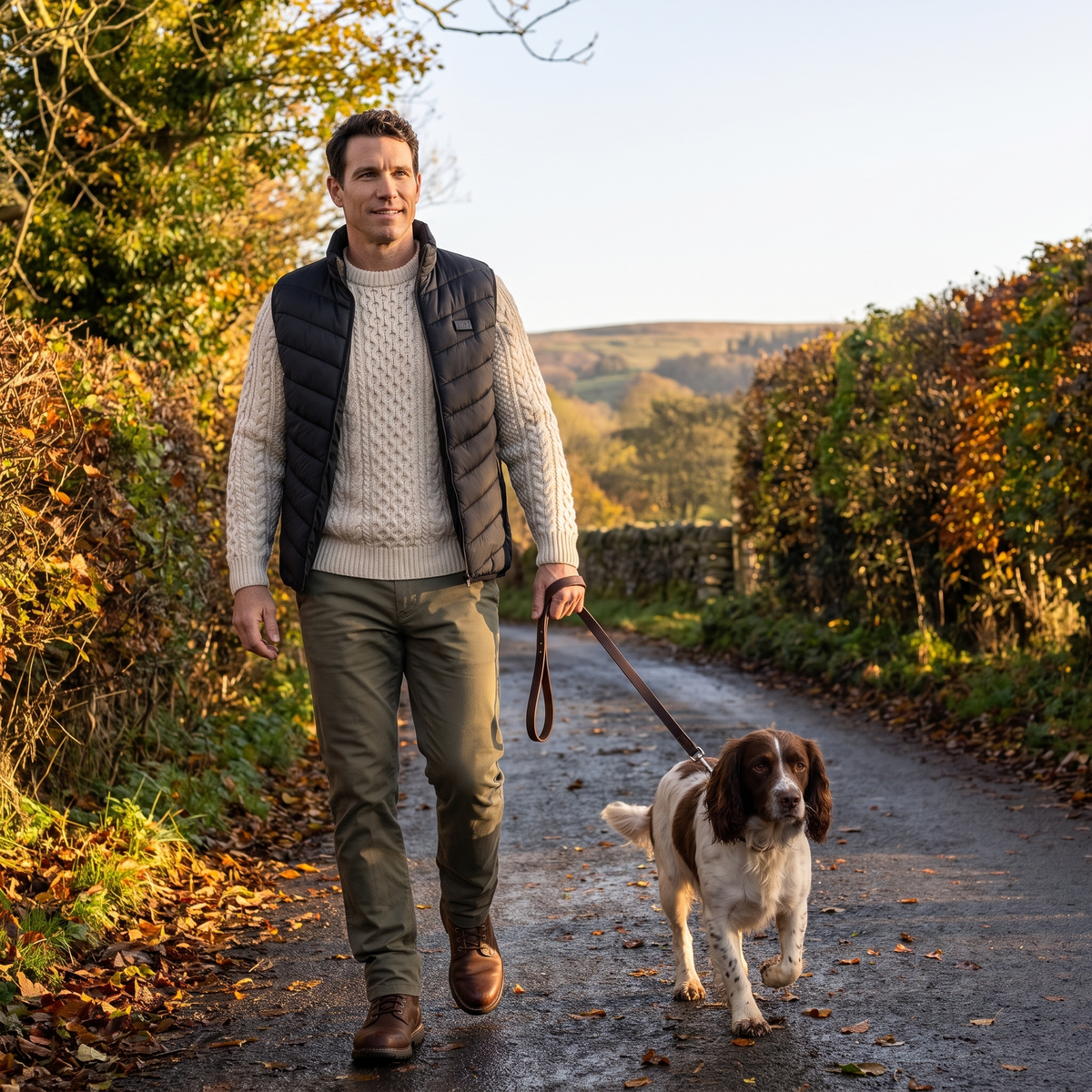 Man walking a spaniel on a country lane in autumn wearing the Terrabound men's padded gilet over a jumper