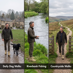Side zip walking boots worn for dog walks, riverbank fishing and countryside walks
