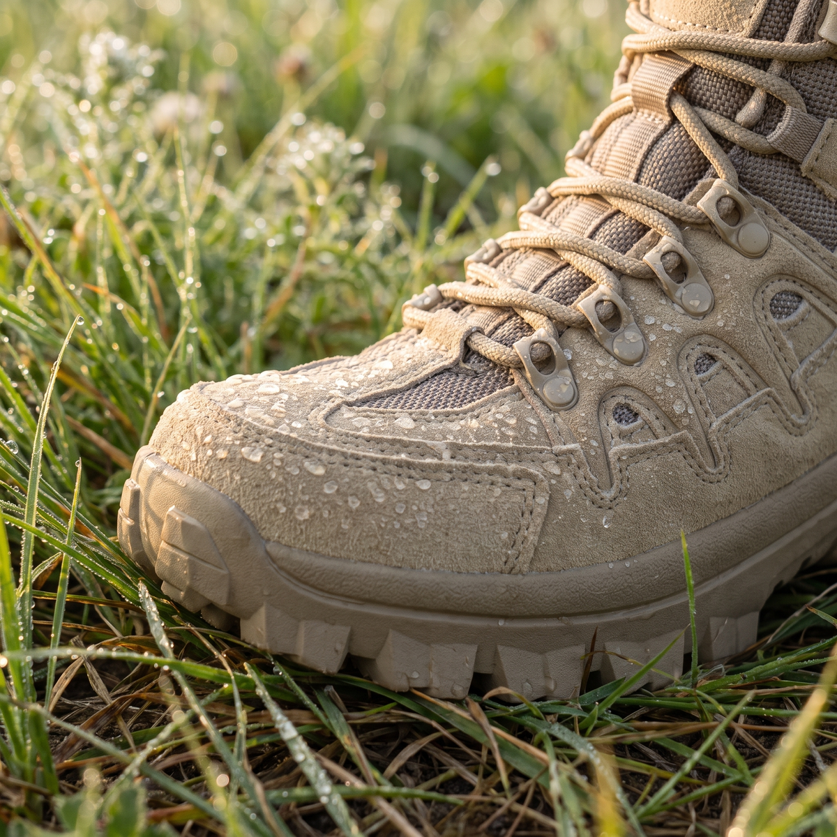 Water droplets beading on a khaki walking boot in wet grass