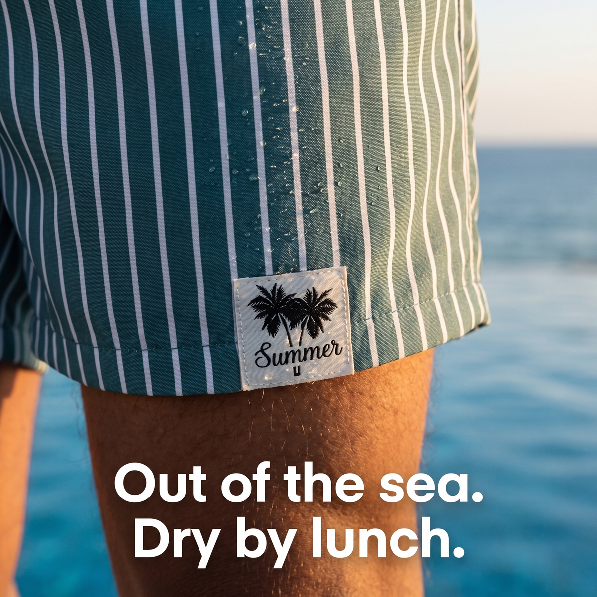 Men's striped swim shorts - woven palm tree label close-up