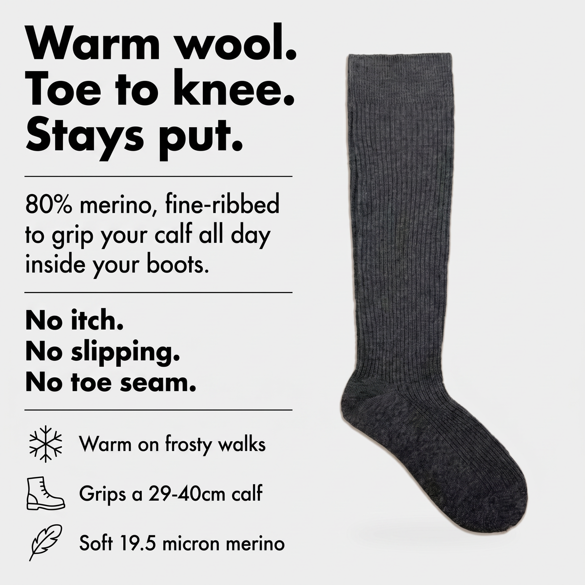 Merino wool knee high socks: warm wool, toe to knee, stays put
