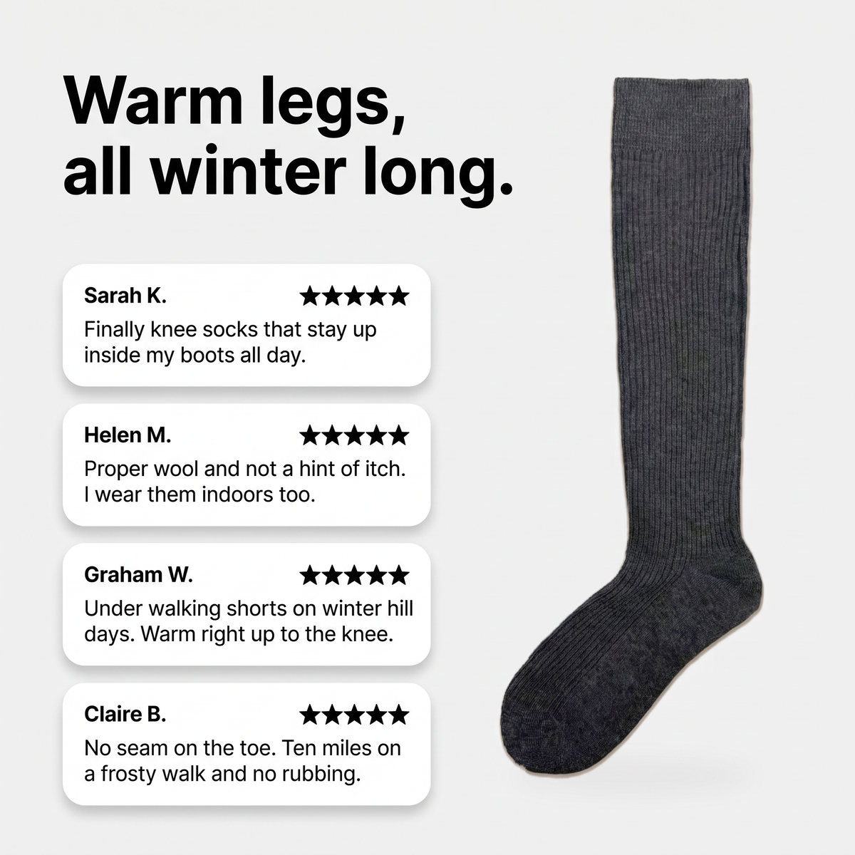 Customer review cards for merino wool knee high socks