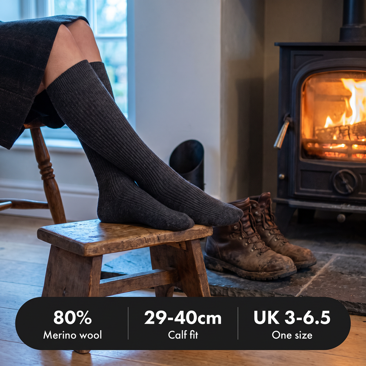 Merino knee high socks by the fire: 80% merino, 29-40cm calf, UK 3-6.5