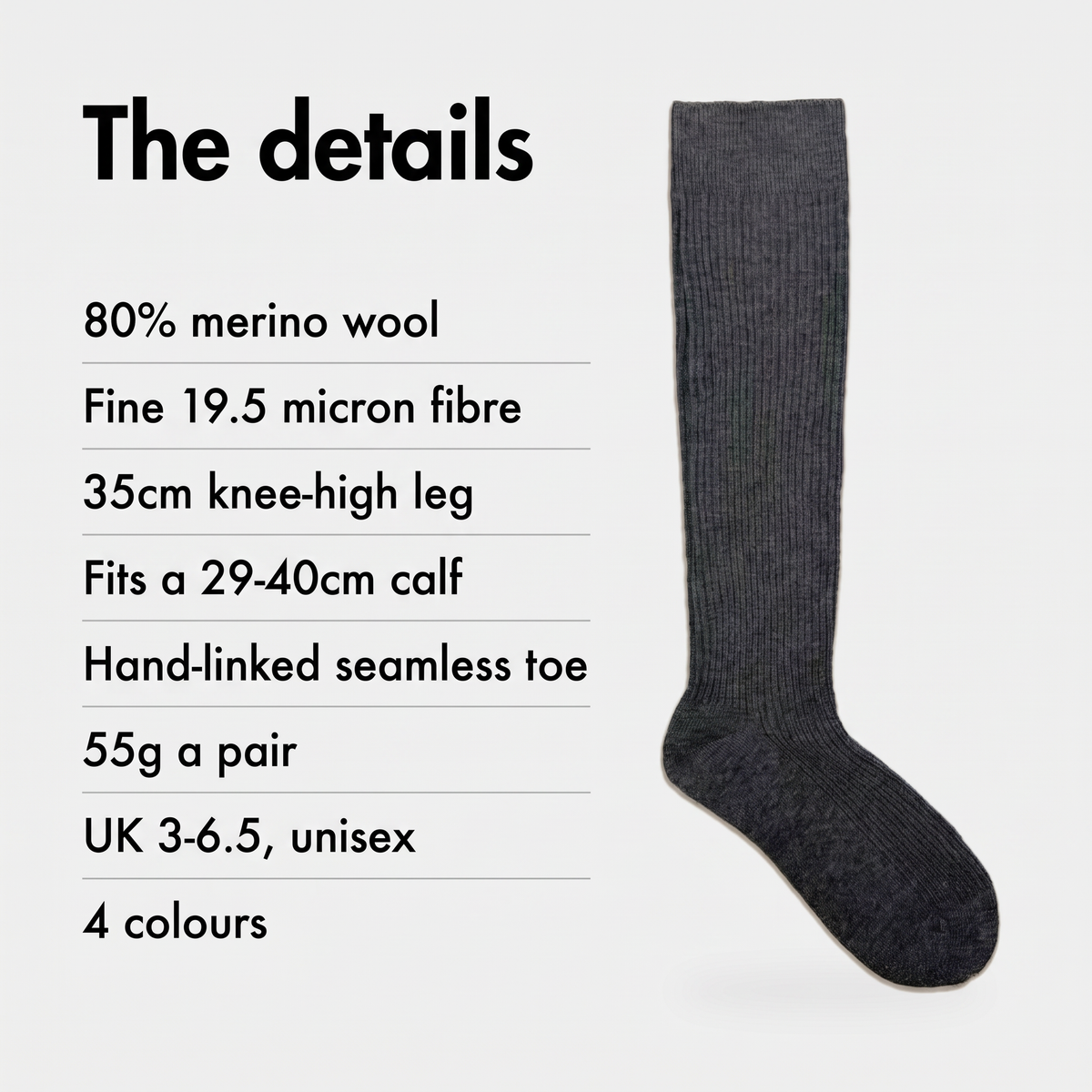 Spec card for merino wool knee high socks