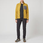The mustard fleece jacket worn open, front view