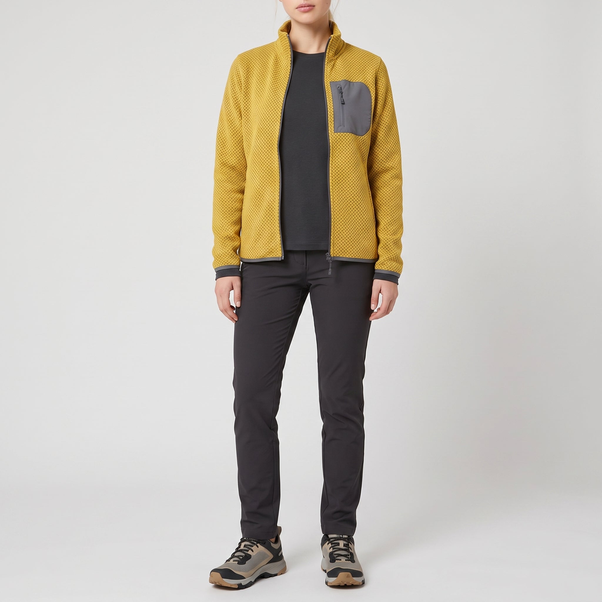 The mustard fleece jacket worn open, front view