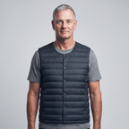 Men's Terrabound down gilet in Navy, front view worn over a t-shirt
