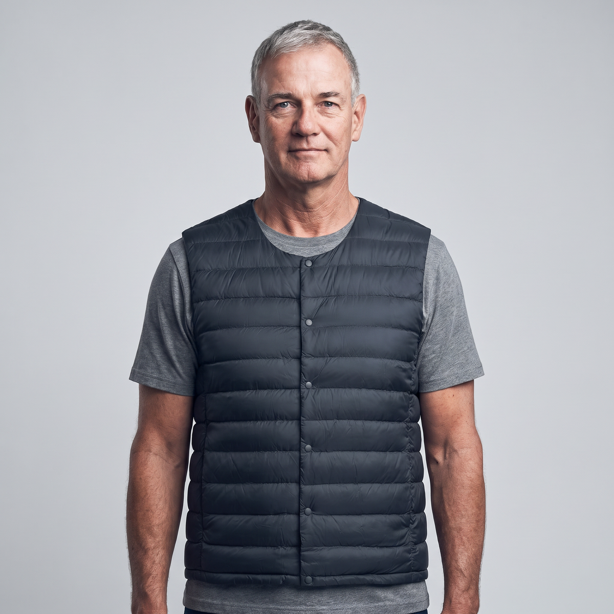 Men's Terrabound down gilet in Navy, front view worn over a t-shirt