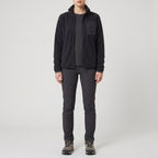 The navy fleece jacket worn open, front view