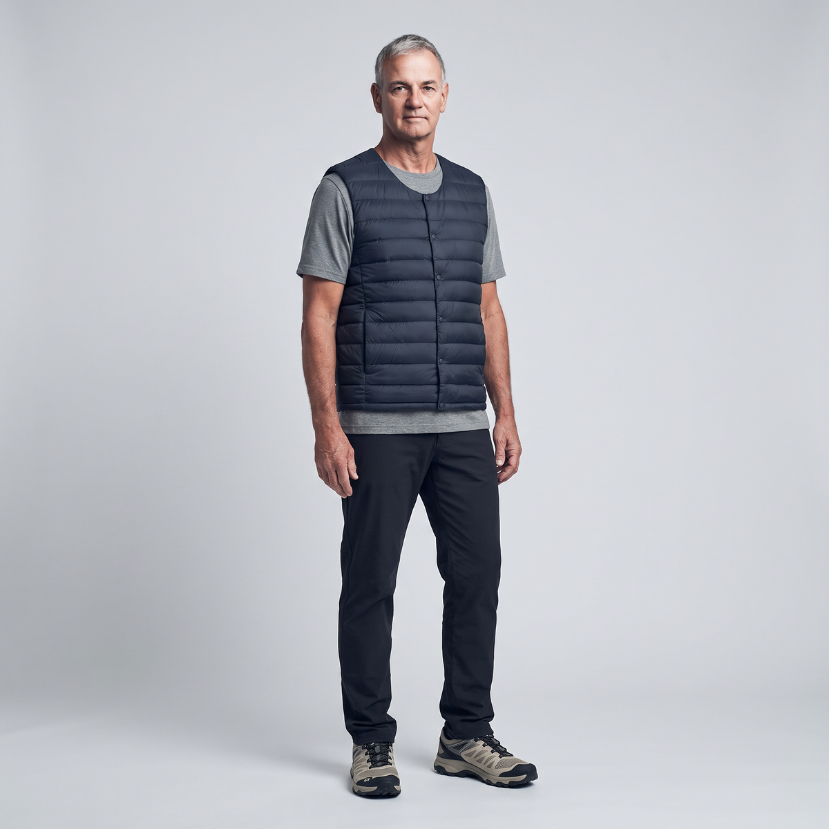 Man wearing the Terrabound Navy down gilet, full body
