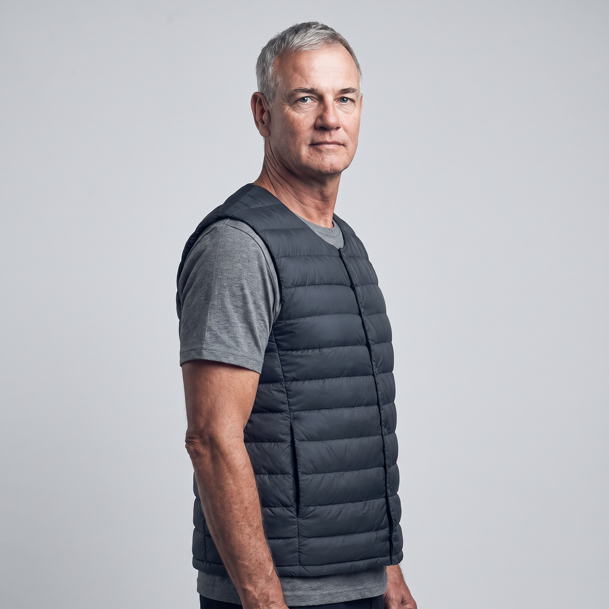 Men's Terrabound down gilet in Navy, three-quarter side view