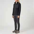 The navy fleece jacket worn, three-quarter side view