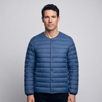 Terrabound Men's Down Jacket in Navy, convertible collar closed, worn front view