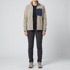 The oatmeal fleece jacket worn open, front view