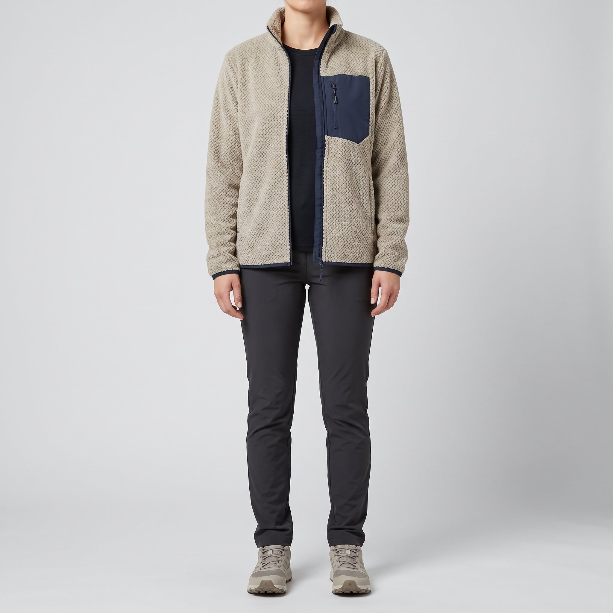 The oatmeal fleece jacket worn open, front view