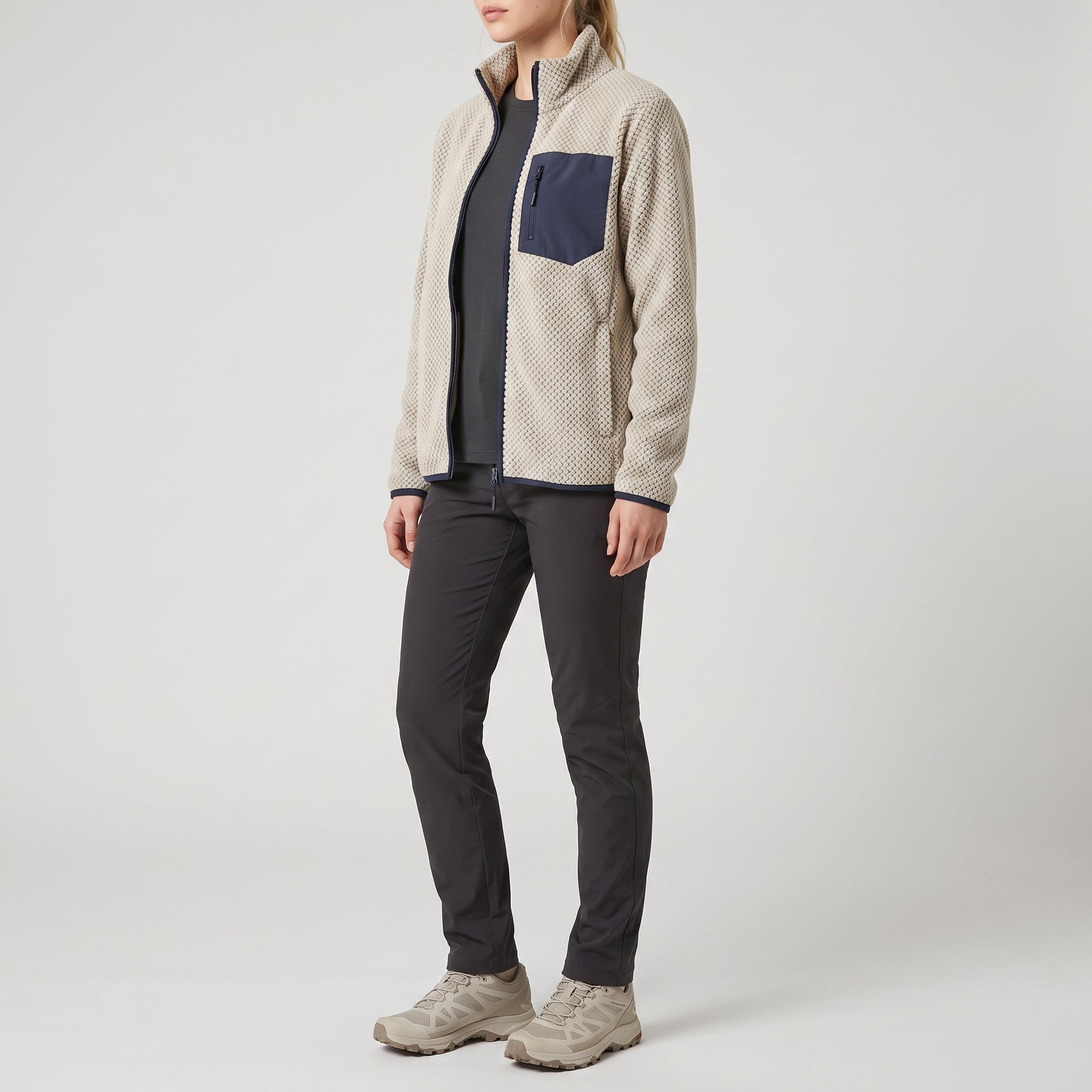 The oatmeal fleece jacket worn, three-quarter side view