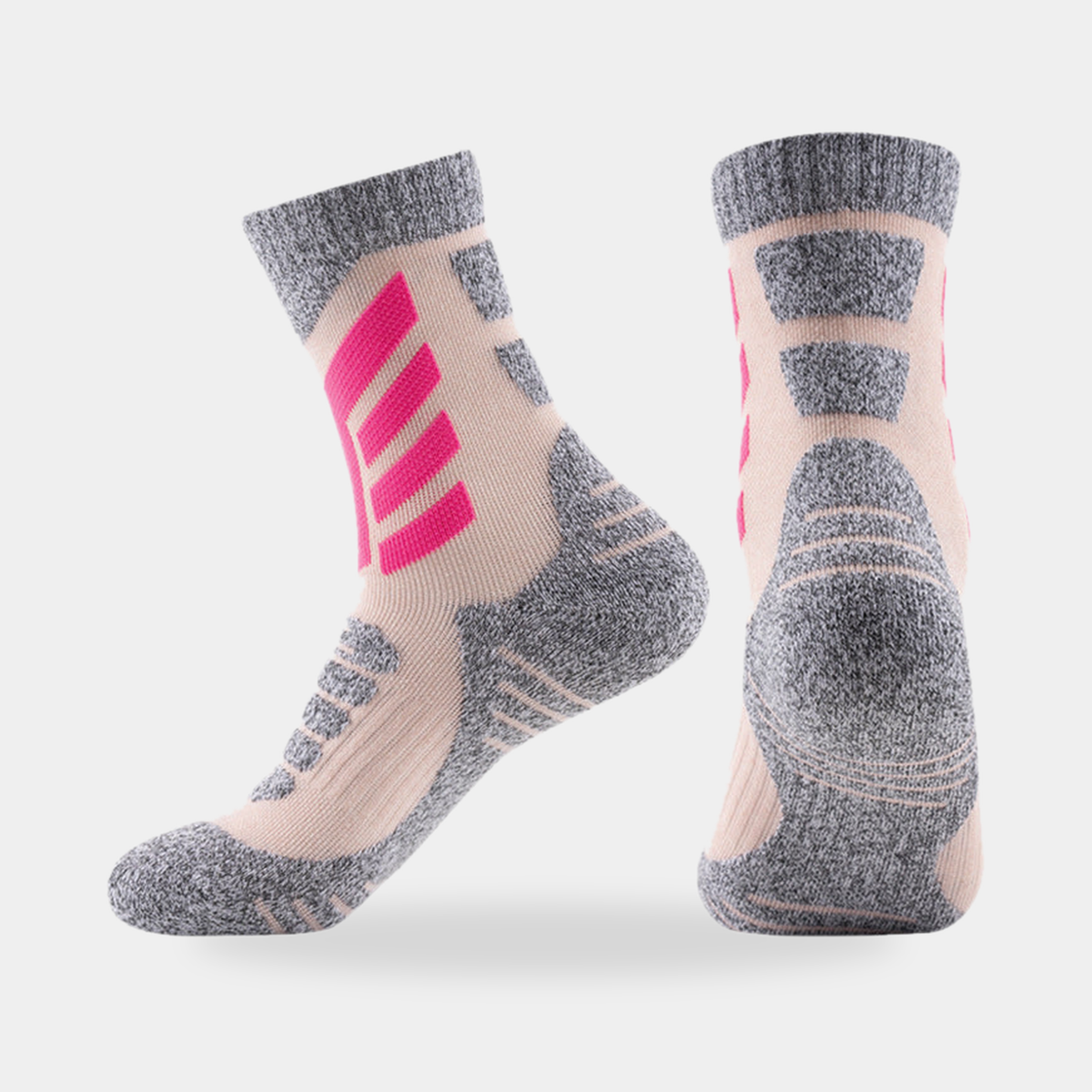 Cushioned crew hiking socks in blush pink, side and back view