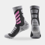 Cushioned crew hiking socks in charcoal with pink chevrons, side and back view