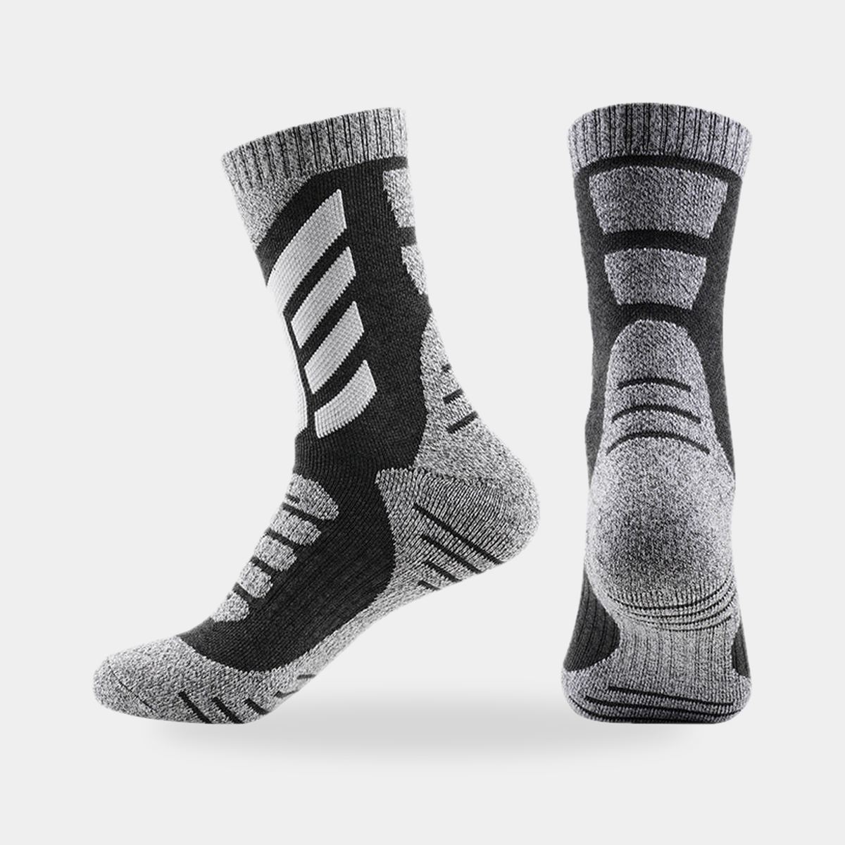 Cushioned crew hiking socks in charcoal with white chevrons, side and back view