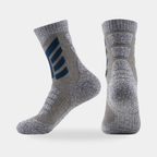 Cushioned crew hiking socks in grey with blue chevrons, side and back view
