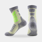 Cushioned crew hiking socks in lime, side and back view
