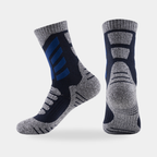 Cushioned crew hiking socks in navy, side and back view