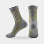 Cushioned crew hiking socks in olive, side and back view