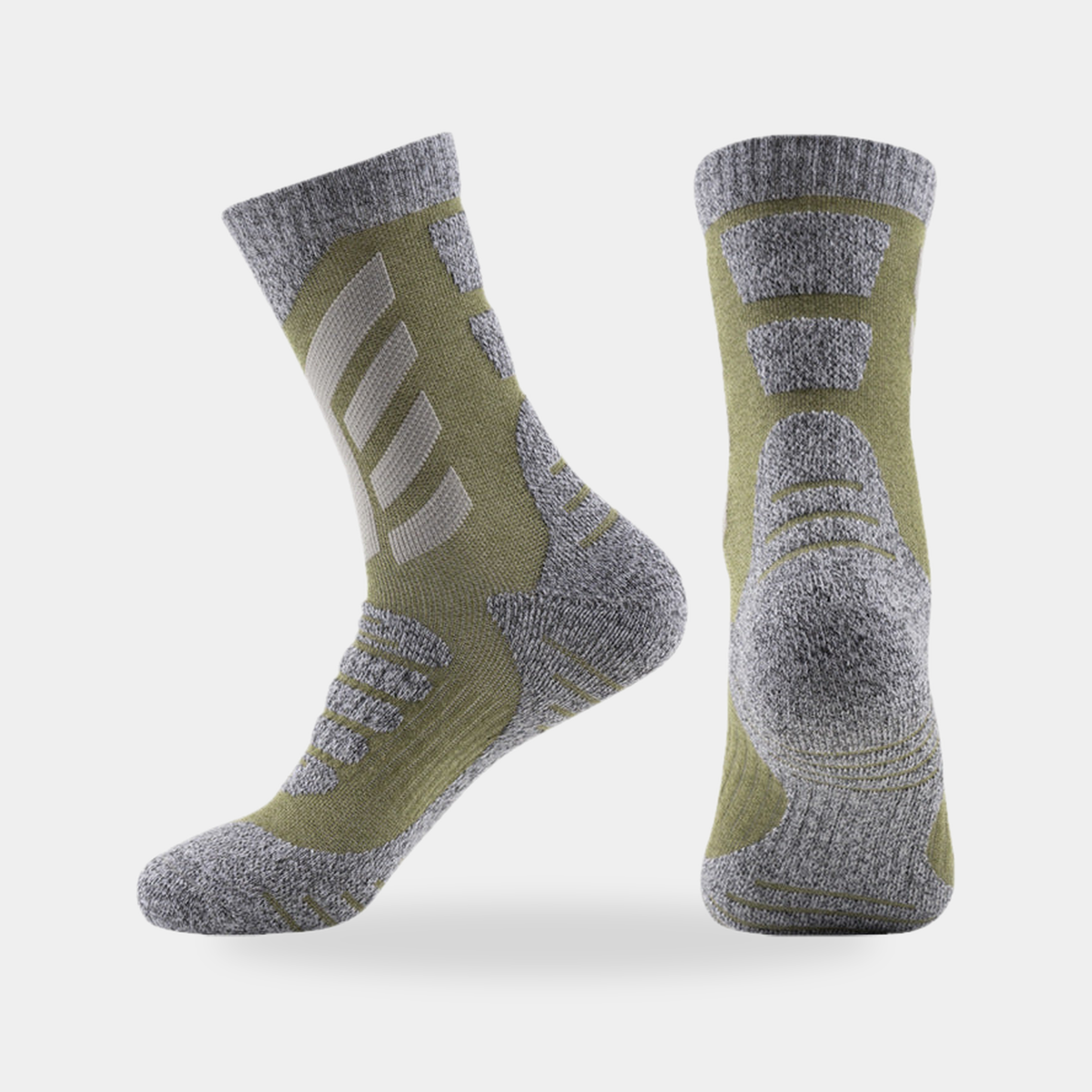Cushioned crew hiking socks in olive, side and back view
