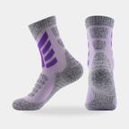 Cushioned crew hiking socks in purple, side and back view